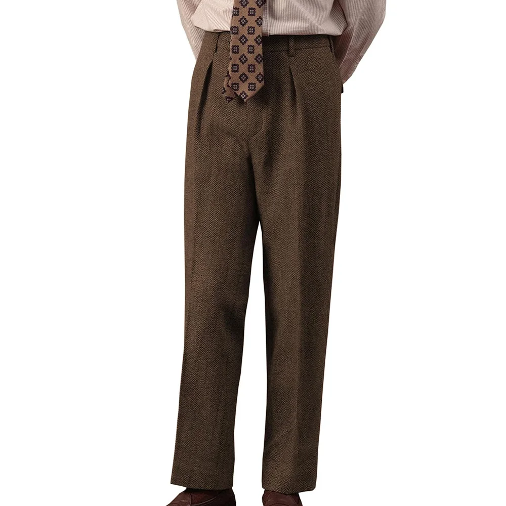 

Мужские плиссированные шерстяные брюки с узором «елочка», удобные дышащие зауженные брюки, деловая повседневная офисная одежда, деловые классические брюки