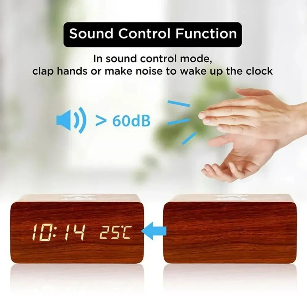 Wooden LED Digital Alarm Clock Wireless Charging Show Time Date Temp Silent Clock For Bedside Office Bedroom