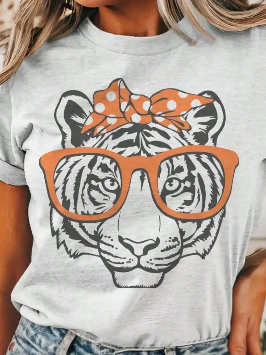 Unisex Crewneck Short Sleeve T Shirt Purple And Gold Game Day Retro Tiger Graphic Print Football College Sports Fan Trendy Casual Top