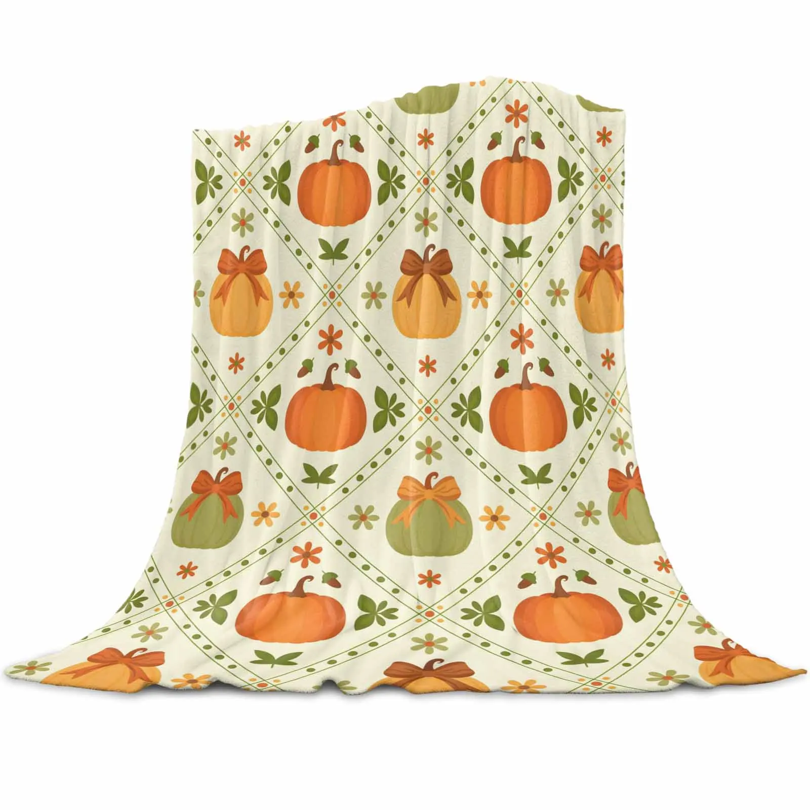 

Quilted Autumn Pumpkin Bow Motif Throws Blankets for Sofa Bed Winter Soft Plush Warm Sofa Throw Blanket Holiday Gifts