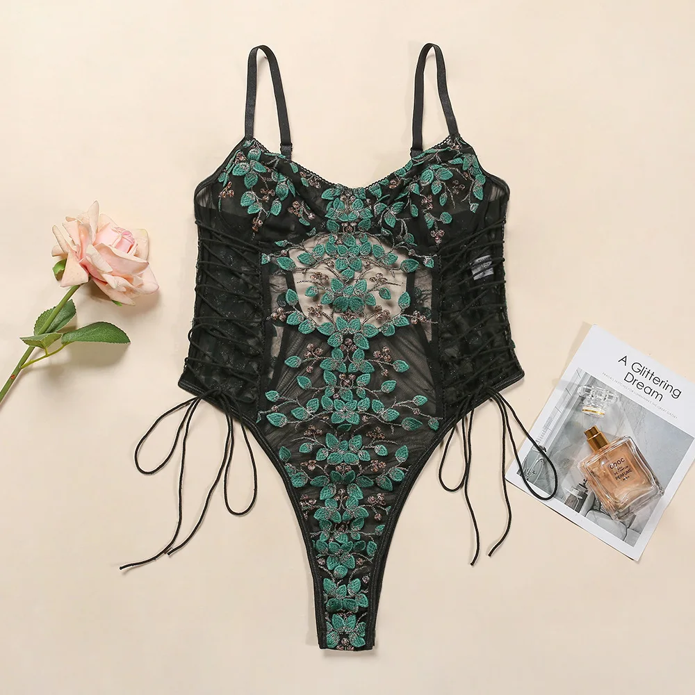 Women\'s Sweet Lace Flower Embroidery Strap Lingerie Set Sexy Perspective Temptation Jumpsuit Female Solid Exotic Apparel Suit