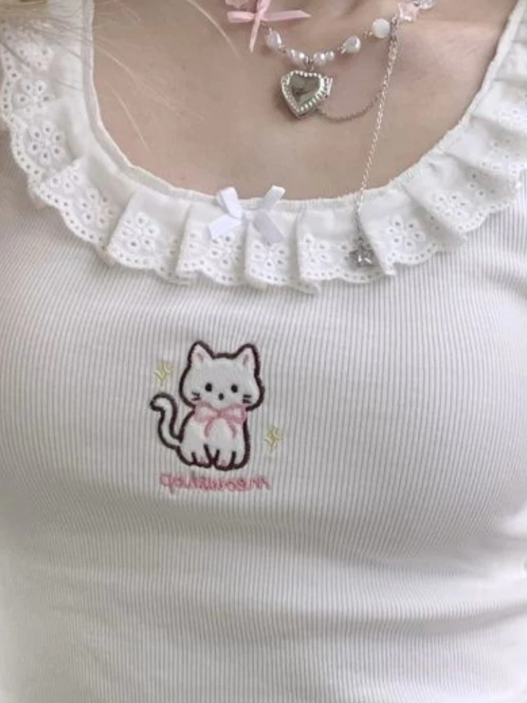 Japanese Embroidery Cat Women Crop Tops Streetwear Grunge Slim Bow Tanks Tops Vintage Lace Patchwork Harajuku Camisoles Summer