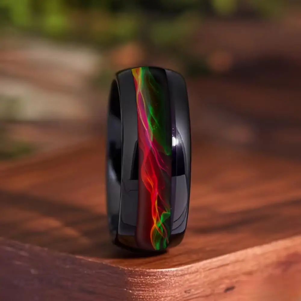 Fashion Men Stainless Steel Rings, 8mm Cyberpunk Rainbow Aurora Grain Inlay Rings for Men High Polished Wedding Bands Jewelry