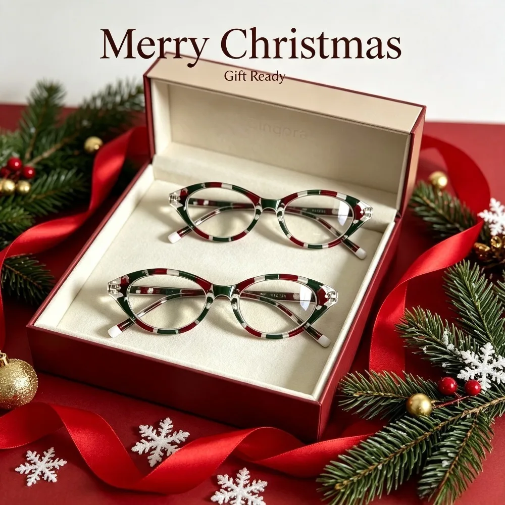 2 Men's and Women's Reading Glasses, Retro Red, Green and White Striped Oval Cat Eye Reading Glasses niche Literary Version, Exquisite Photogenic Face Small Transparent Layered Design, Recommended Christmas and Halloween Gifts