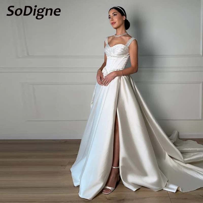 

SoDigne A-line Satin Wedding Dresses Sweetheart Sleeveless Bridal Dress Beach Long Wedding Gown Robe De Mairee Customized