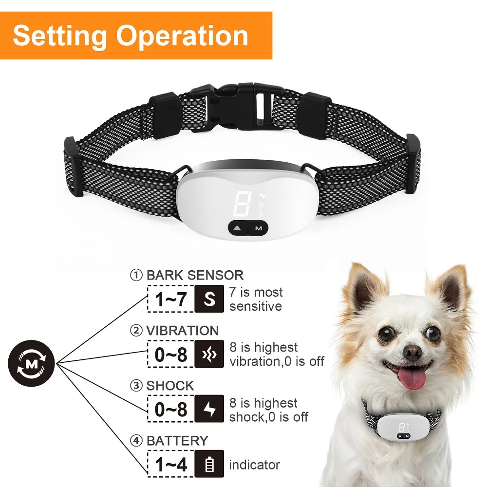 Bark Collar Rechargeable Anti Barking IP67 Electric Shock Collars Waterproof Training Collar for Small and Medium Dogs