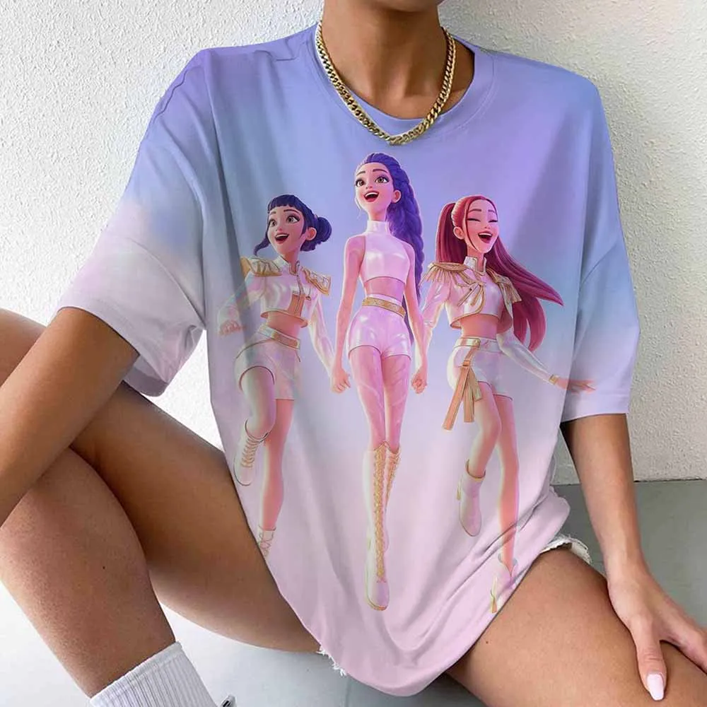 

Женская летняя футболка с рисунком KPop Demon Hunters, аниме для девочек, групповой принт, уличный стиль, вечеринки, повседневный повседневный и модный летний топ