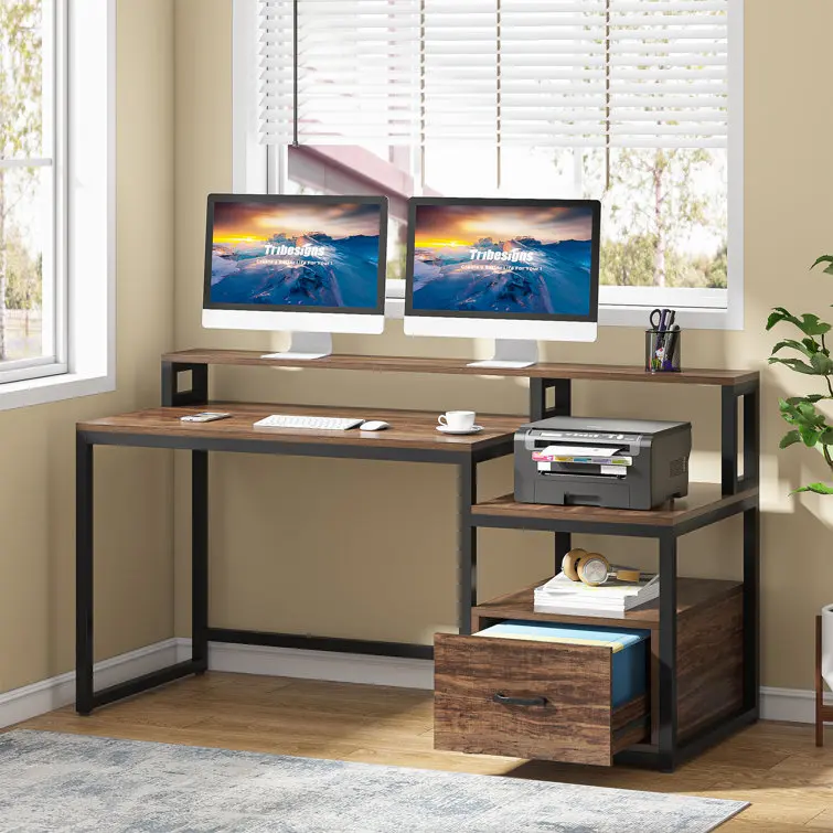 Desktop double-decker desk with drawer table for printer storage rack floor desk