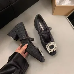 Thick Heel Single Shoes Women's Commute Shallow Mouth Rhinestone Not Tired Thick Heel Shoes Womens Shoes  Zapatos De Mujer