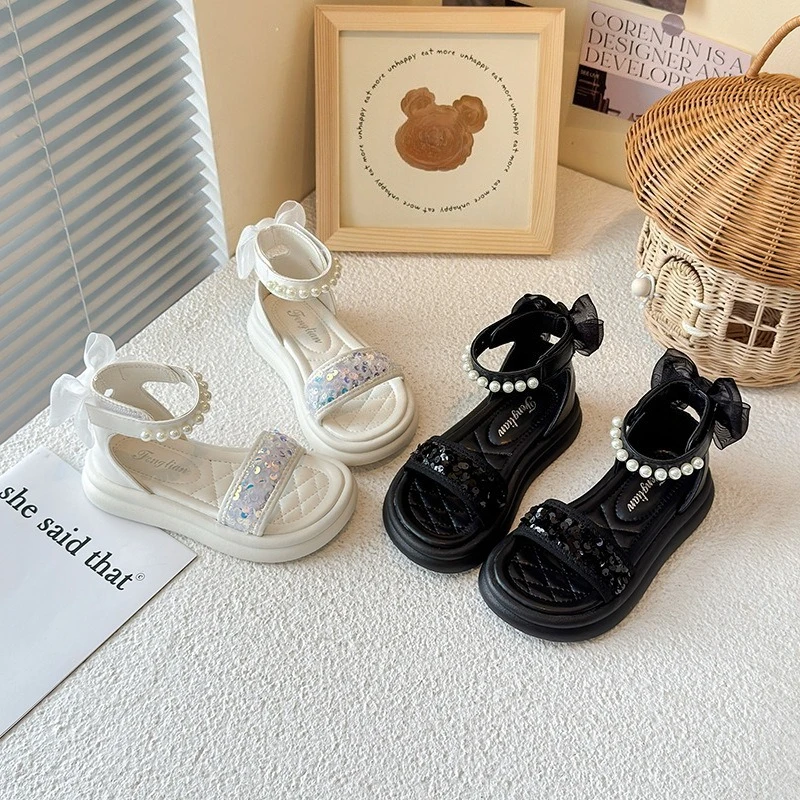 

Детские модные сандалии, бежевые сетчатые сандалии с жемчужным бантом для девочек, римские черные модные нескользящие детские сандалии с мягкой подошвой, пляжная обувь для девочек