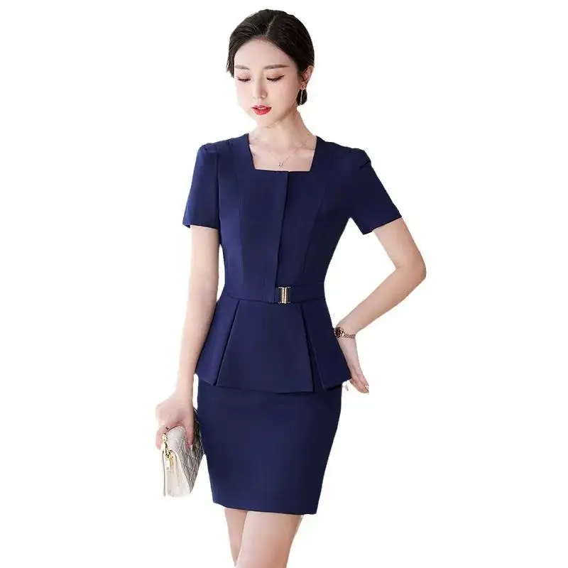 Summer Short Sleeve Elegant Blue Formal Professional Women Business Suits OL Styles Ladies Office Pantsuits Blazers Skirts Set