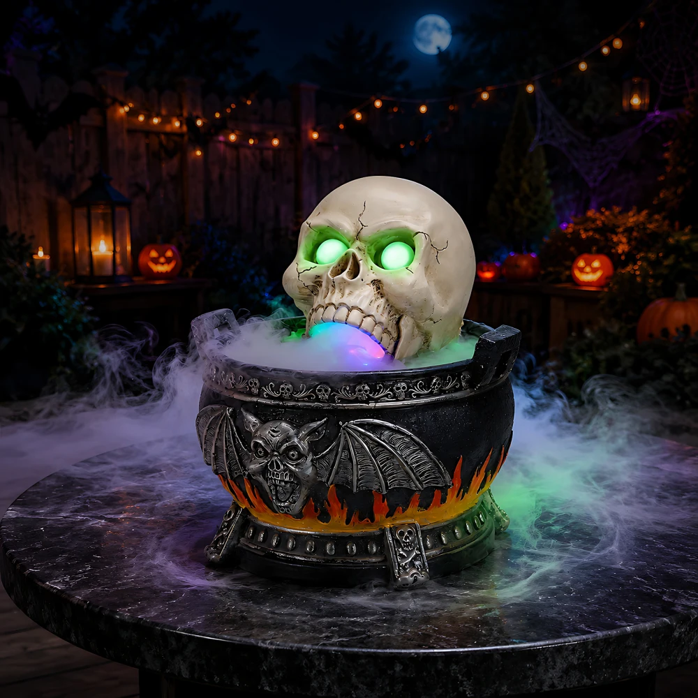 Halloween Skull Cauldron Statue with LED Lights and Fog Effect, Resin Witch Cauldron Decoration for Indoor Tabletop, Spooky Home Party Decor