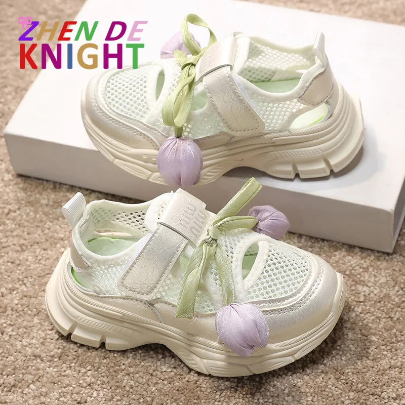 

Fashion Summer Pink Tulip Girls Sneakers PU Mesh Hollow Out Non Slip Hook Loop Kids Casual Shoes Breathable Children Sport Shoes