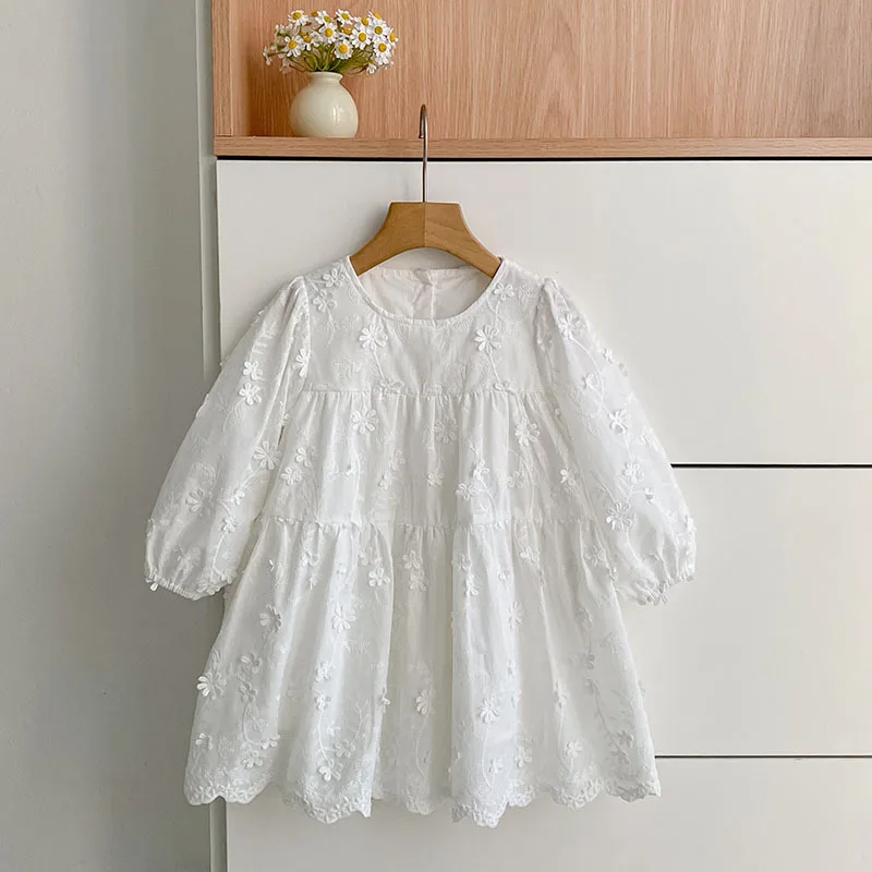 Princess Style Girls Dress Spring New Korean Version White Long Sleeve Embroidered Children's Clothing Kids Fashionable Outfit