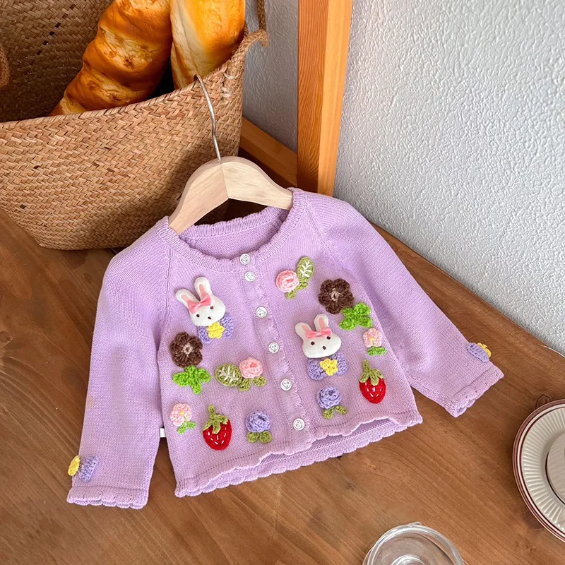 Spring Baby Girls Knitted Cardigan Sweater Coat Infant Long Sleeve Toddler Handmade Girl Cotton Appliques Rabbit Flower Clothes