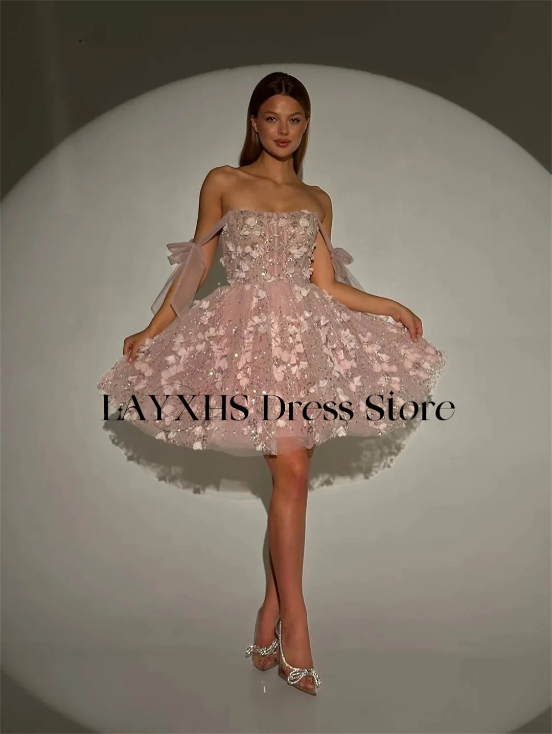 LAYXHS Exquisite rosa kurze Mini-Abendkleider, Spitze, Blumen, Perlen, A-Linie, Heimkehrkleider, individuell gestaltet