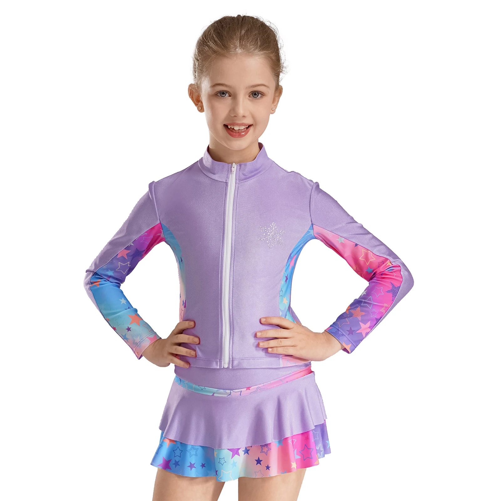 Kids Girls Figure Skating Costumes Sparkly Rhinestone Roller Ice Skating Jacket and Skater Skirt Athletic Golf Tennis Skort Set