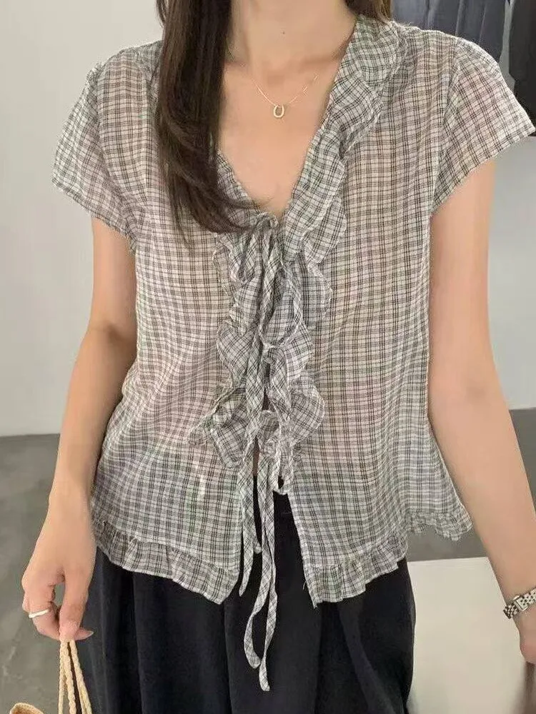 

Elegant Summer New Arrival Women's Shirt Chic Tie Design Thin Versatile Shirt Korean Style V-neck Breathable Comfortable