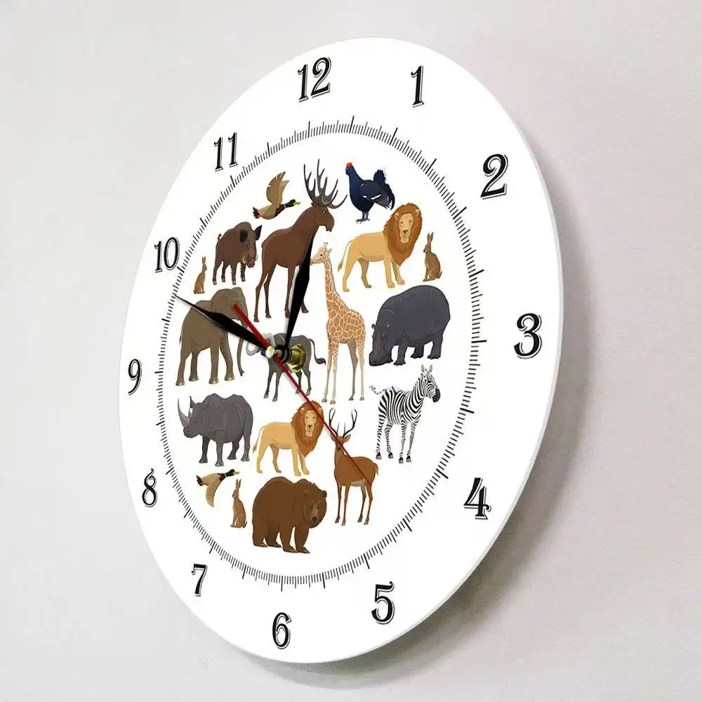 Jungle Animals Silent Quartz Wall Clock Safari Wildlife Decor for Kids Bedroom Nursery Playroom Educational Gift for Boys & Girl