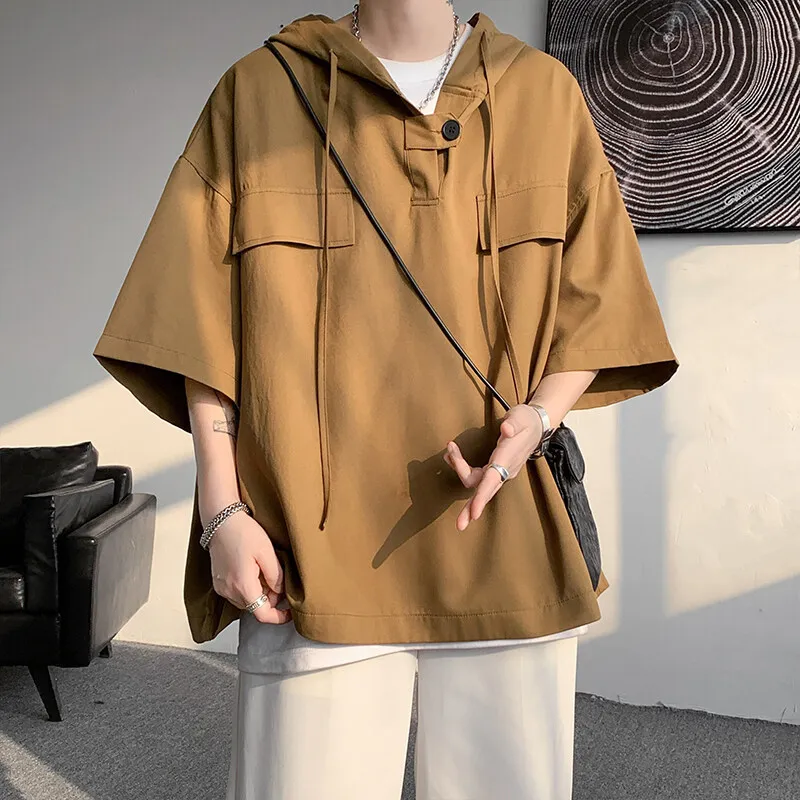 Summer Men Hooded Shirt Korean Half Sleeve Pullover Streetwear Hip Hop Loose Shirt Men Drawstring Tops Short-sleeved T-shirt
