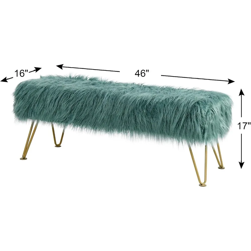 Stool, Green Blue Soft Plush Faux Fur Ottoman Entryway Bench Furry Footrest Stool 46