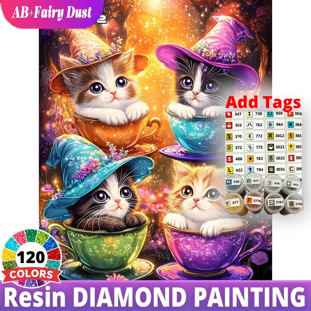 120 Color Resin kittens wizard hats teacups Animal Cute AB Fairy Dust Diamond Painting Kit Full Square Round Mosaic Home Decor