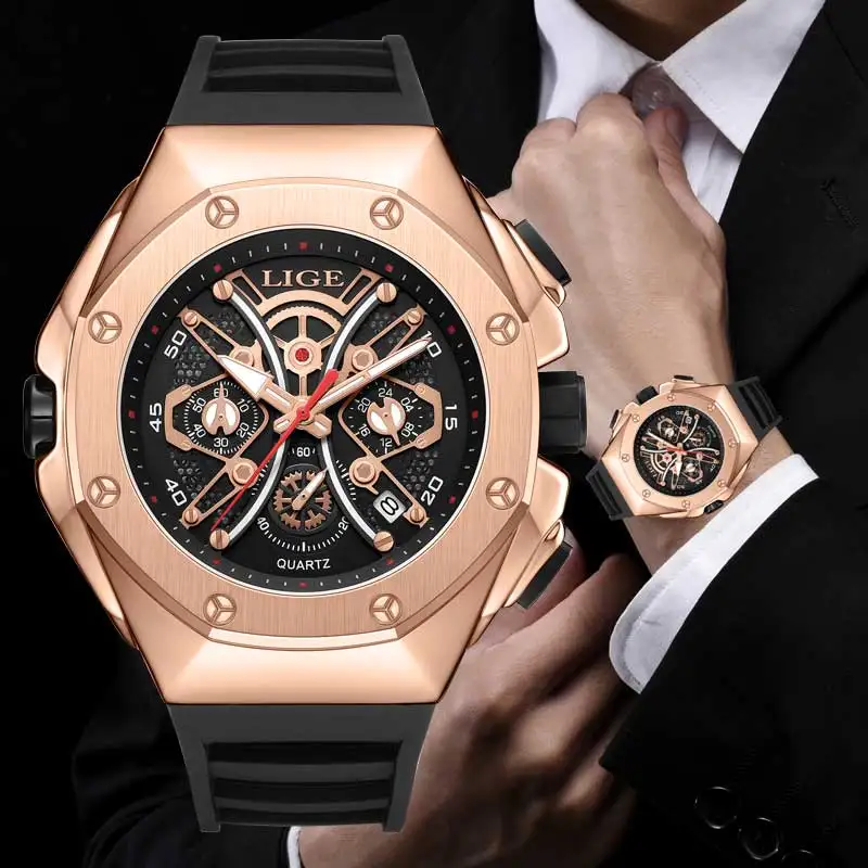 

LIGE Skeleton Mens Watches Luxury Business Man Quartz Wristwatch Sports Silicone Strap Waterproof Chronograph Date Watch for Men