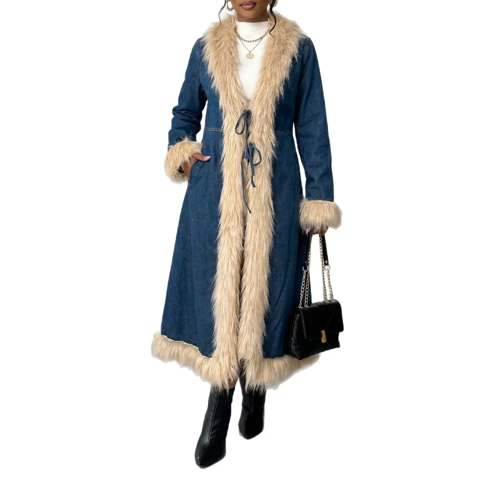 Autumn and Winter New Women's Denim Windbreaker Slim Fit Faux Fur Coat