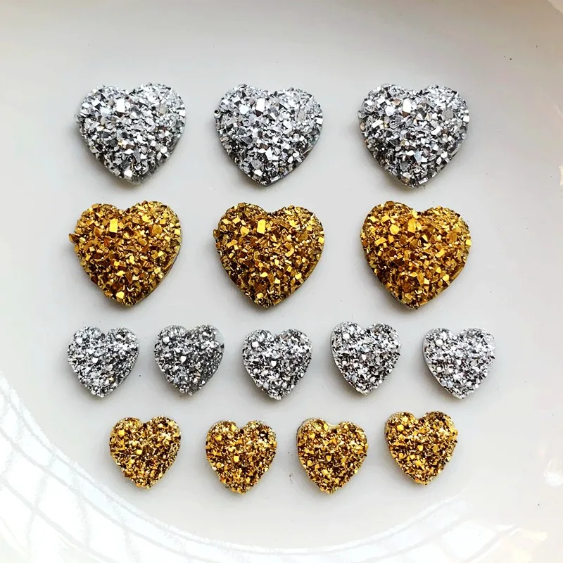 12mm&8mmGold and Silver Heart Rhinestone Applique Flatback Crystal Stones Resin Gems Non Hotfix Strass for Decoration