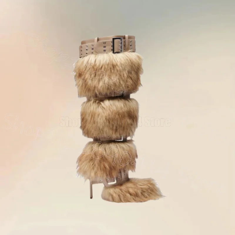 

Brown Fur Belt Fastener Design Pointed Toe Boots Buckle Strap Women Shoes Thin High Heels Party Dating 2025 Zapatos Para Mujere