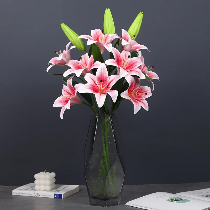 Simulated 4-head Soft PVC 3D tactile Lily Flower Artificial Flower High-end Wedding Lily Home Model Room Decoration