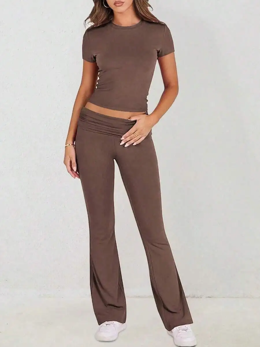 

Women Two Piece Casual Crop Top And Flared Pants Set