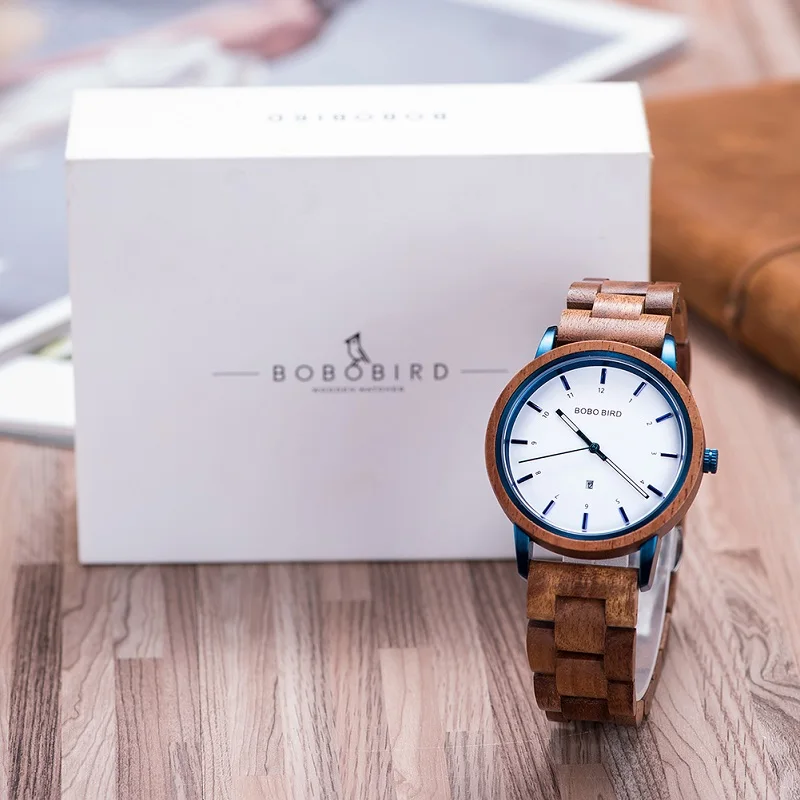 BOBO BIRD Women\'s Watch Luxury Quartz Watches Original Wooden Straps Blue Case Handmade Wooden Watches Gift for Women