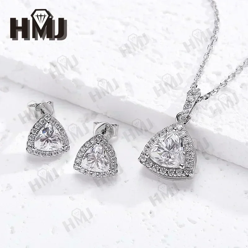 100% S925 Sterling Silver Plated White Gold D Color Trillion Moissanite Diamond Necklace Earring Set  Women Wedding Bridal Gift