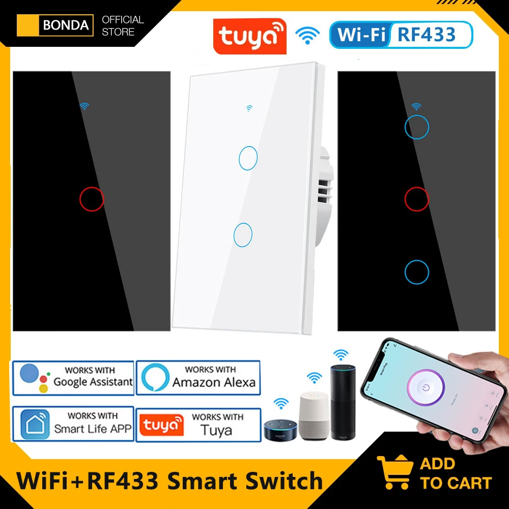 

BONDA Tuya Smart Switches No Neutral Wire Required US 1/2/3 Gang Light WiFi+RF433 Touch Wall Switch Work with Alexa Google Home