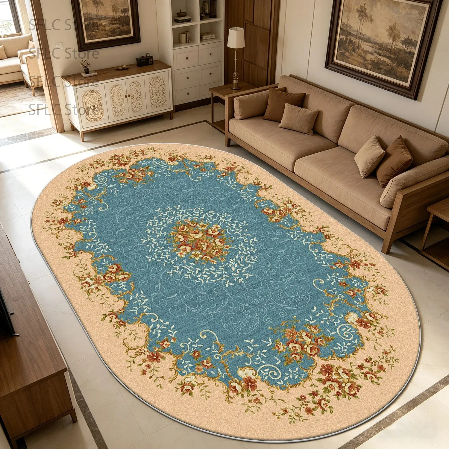 Non-slip European Luxury Oval Rug, Short Velvet Soft Washable for Living Room Bedroom Decor