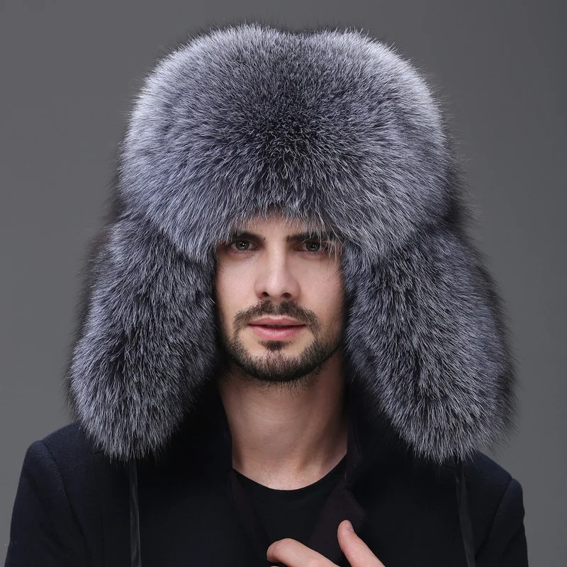 Authentic Silver Fox Skin Men's Winter Hat Authentic Fox Skin Lei Feng Hat Russian Warm Bomber Leather Hat