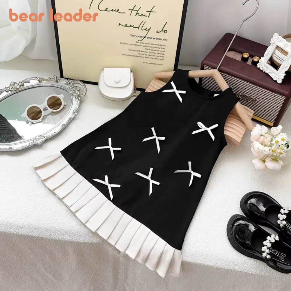 Bear Leader Cute Children's Clothing Summer Sleeveless Casual Black Girls Dress Bow Decoration Patchwork Dresses 3-7 Years