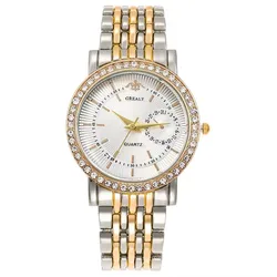 Elegant Women's Two Tone Crystal Watch Stainless Steel Band Quartz Wristwatch Ladies Dress Watches