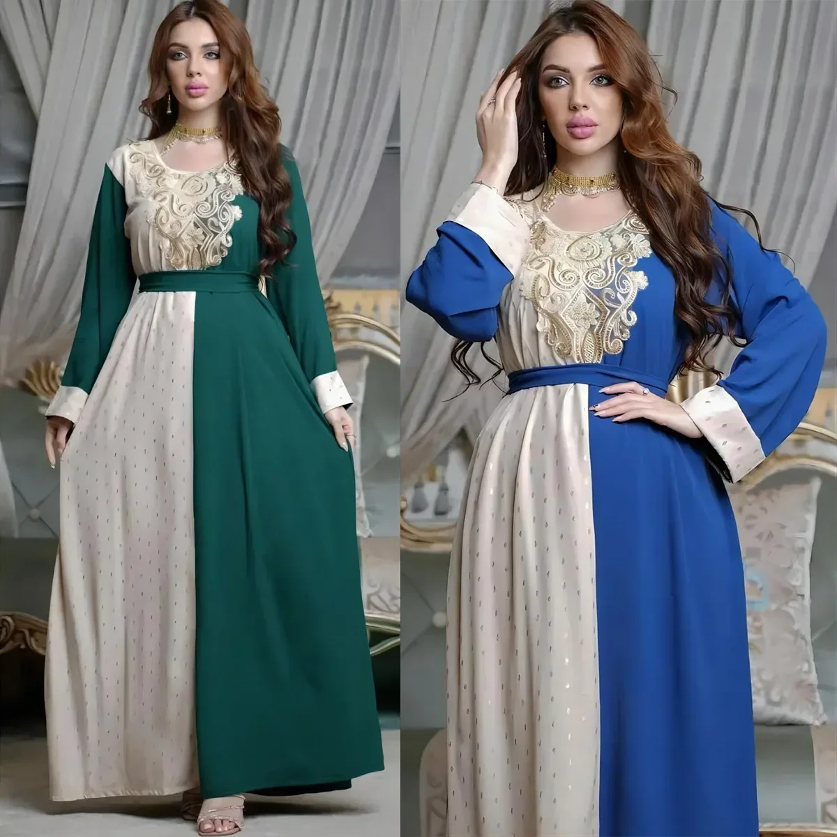 2024 Summer Elegant Muslim Long Sleeve Patchwork Green Blue Polyester Long Maxi Dress Gowns Muslim Fashion Abaya Dubai Abaya