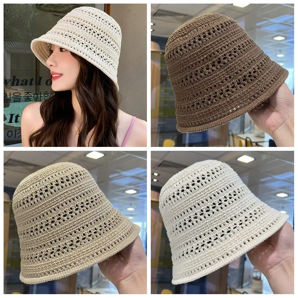 

Sunscreen Sweet Straw Sun Hat Temperament French Style Seaside Beach Cap Hollow Out Visor Cap Knitted Bucket Hat Girls
