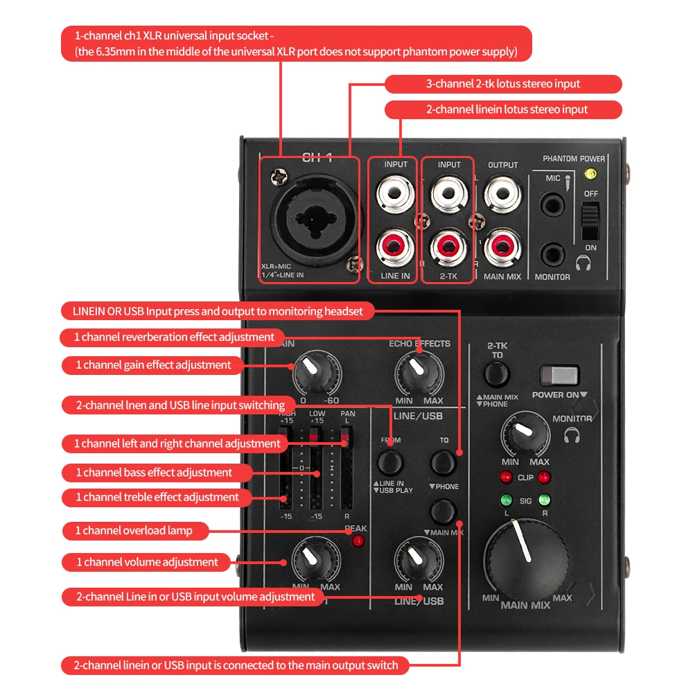 Mini mischen konsole, 5-kanal mikrofon linie, digitale audio live singen aufnahme soundkarte, USB audio interface