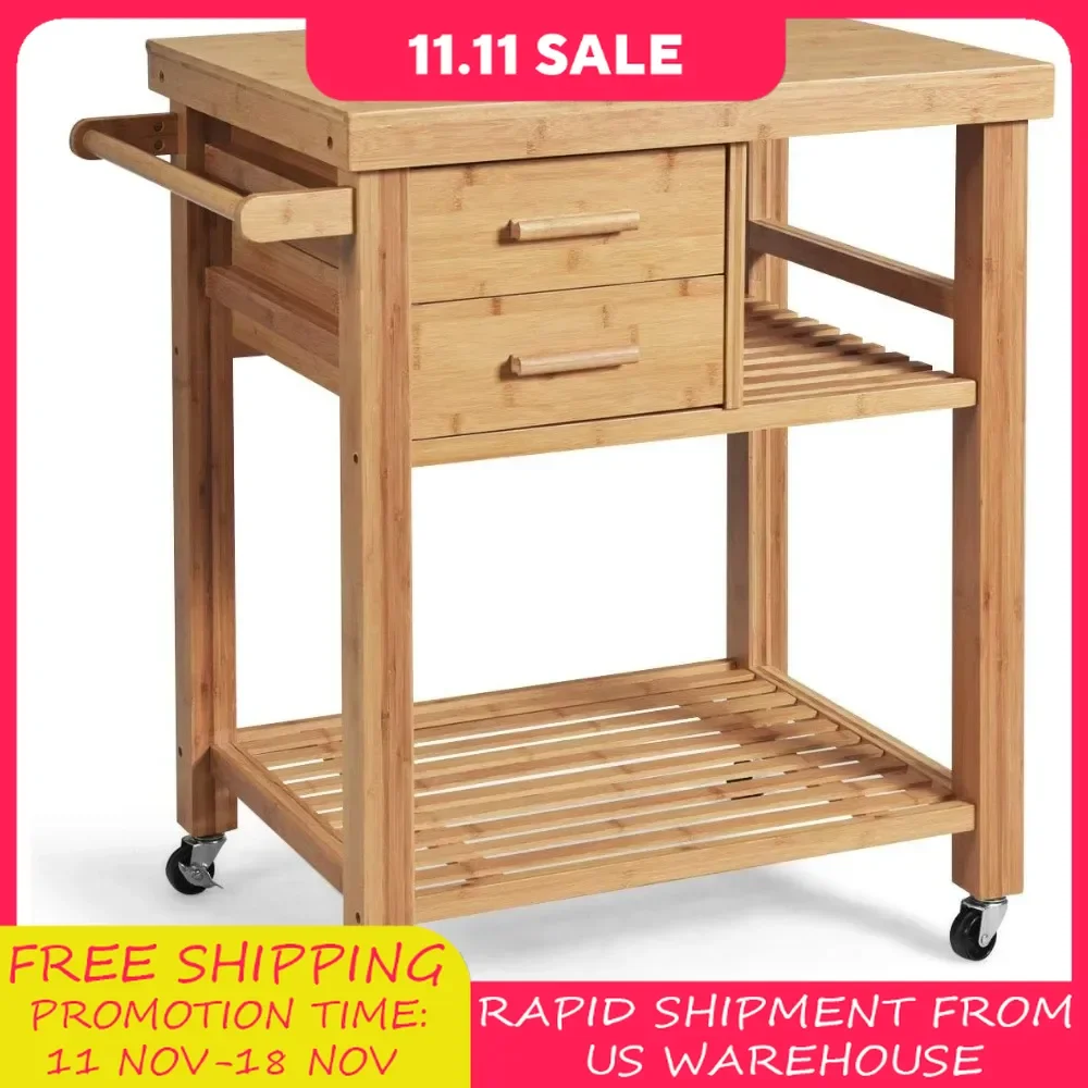 Kitchen Island, Kitchen Trolley Cart on Wheels, 2 Drawers, Towel Rack, Casters with Lock, Rolling Kitchen Cart