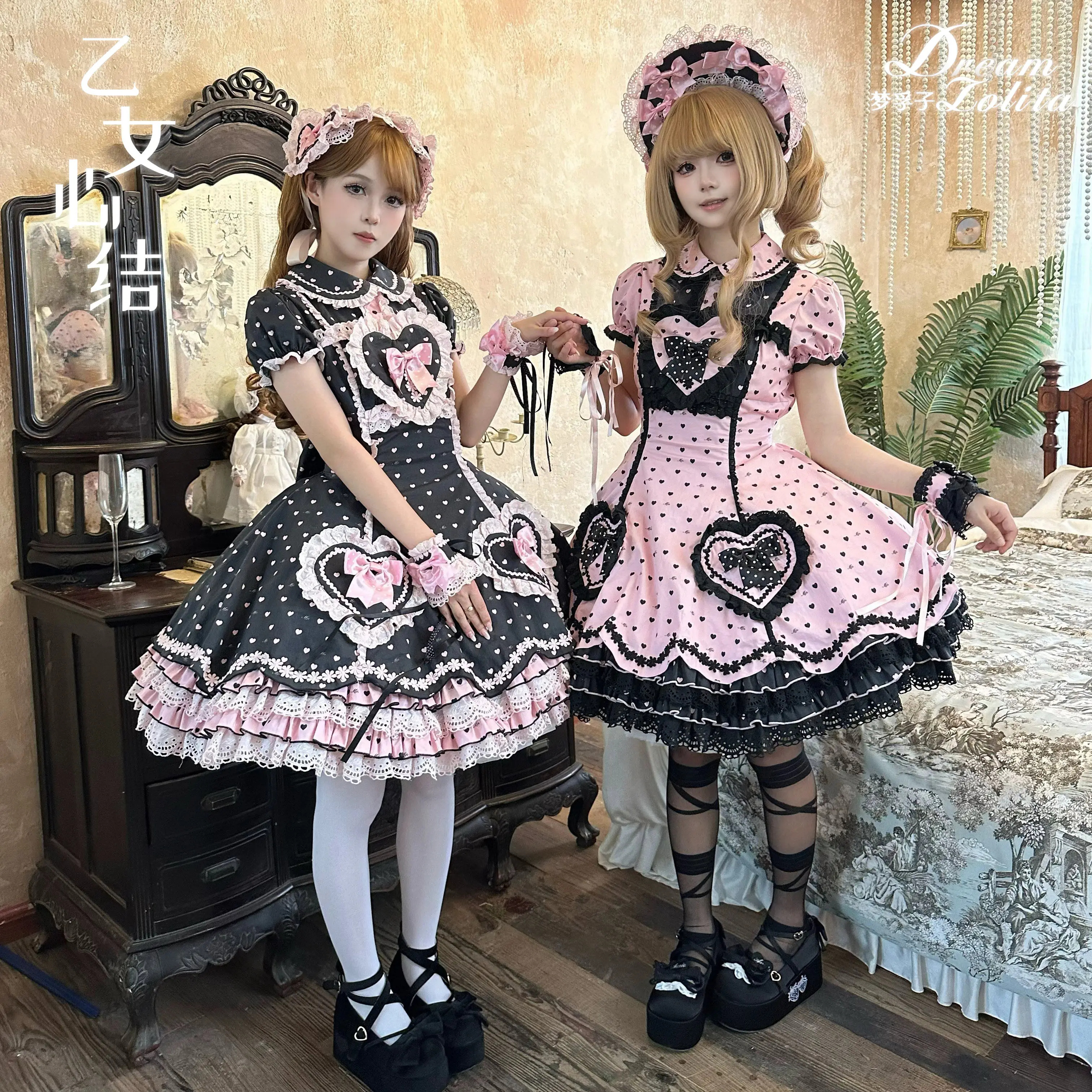 

Maiden's Heart Knot - Cotton Old School Lolita Dress, Heart Polka Dot by Mengfuzi