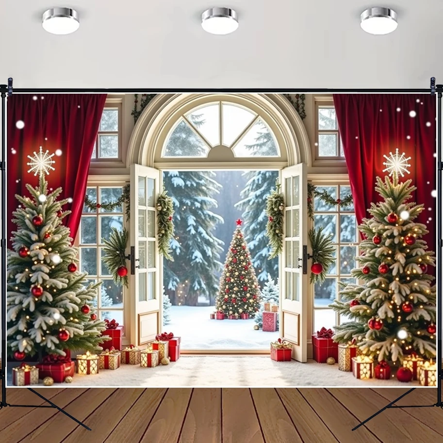 

MOON.QG 2025 Christmas Window Background Xmas Trees Sock Gifts Custom Backdrop Shooting Party Photography Accessories Photozone