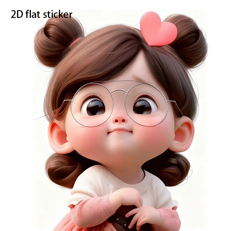 2D Flat Double Bun Girl With Pink Heart Hair Clip Vinyl Sticker For Car Laptop Water Bottle Wall Cup Decor