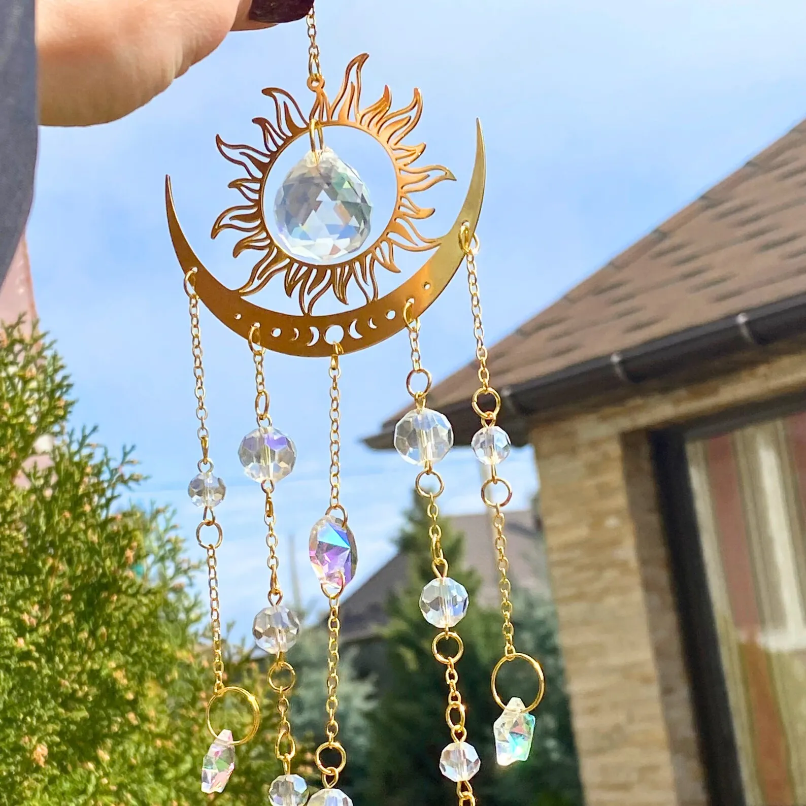 1pc gold flame moon crystal pendant sunlight catcher outdoor garden ab colourful hanging decorations hanging ornaments