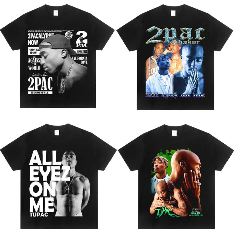2PAC Rapper American Crew Neck Cotton Loose Short-sleeved T-shirt Rock West Coast Trend Men's and Women's Casual High Street Top