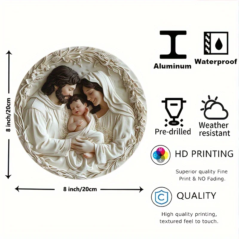 Religious Art Aluminum Sign Set - Durable Round 8-Inch Metal Plaque with Blessed Family, HD Printing, Pre-drilled