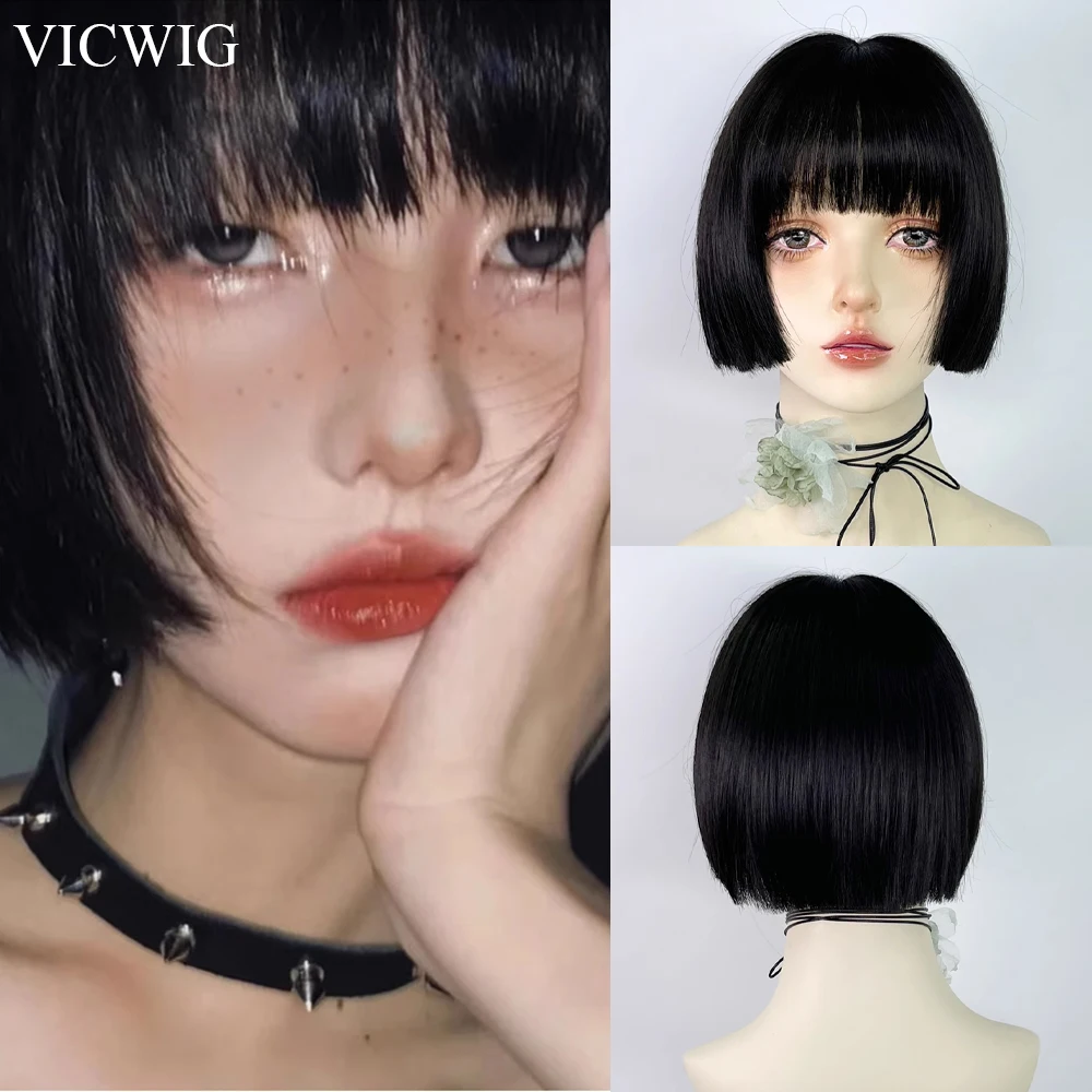 VICWIG Synthetic Short Straight Black Wigs with Bangs Lolita Cosplay Women Natural Hair Wig for Daily Party